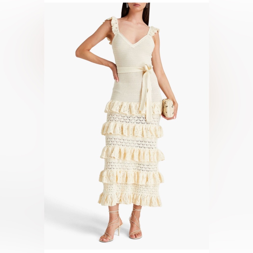 Zimmermann Cream Midi Pencil Dress with Ruffled Tie Front